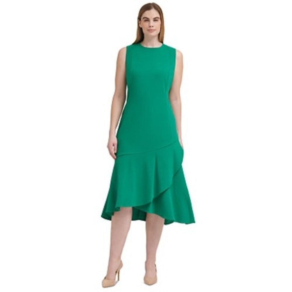 Calvin Klein NWT Flounce Hem Sleeveless Midi Dress 14 Green Asymmetrical Ruffle